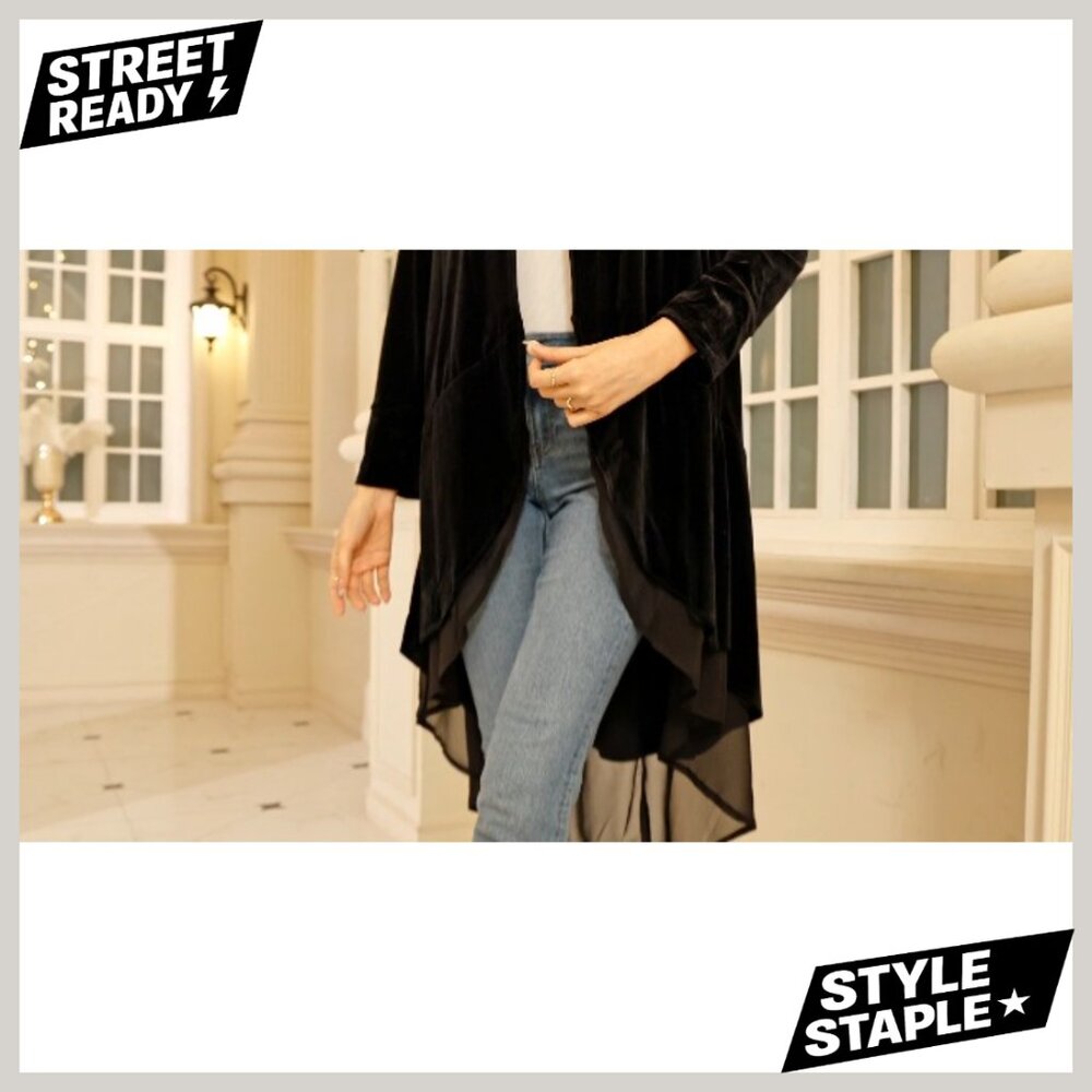 Long Velvet Blazer Coat with Ruffled Asymmetric Hem, Loose Fit - Picture 6 of 6